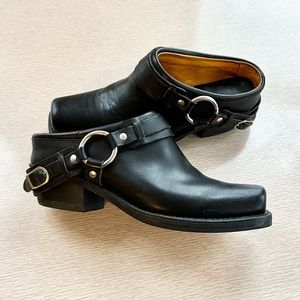 FRYE Black Belted Harness Mules